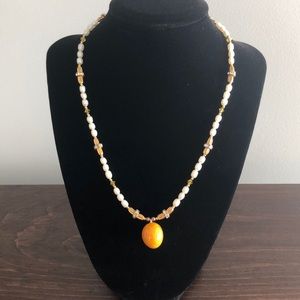 Citrine Freshwater Pearl Swarovski Crystal /Gold Finch Egg Drop Pendant Necklace